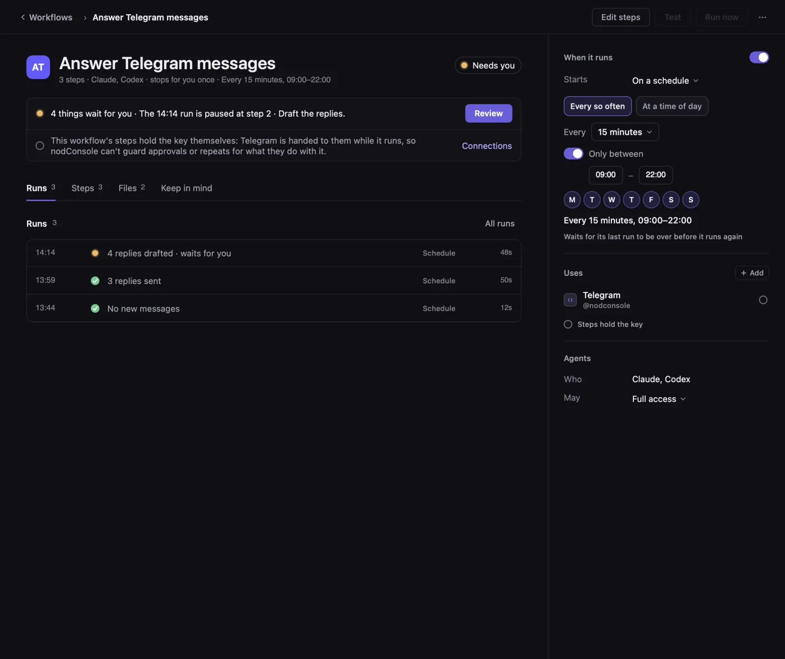 A workflow's page with its schedule: every 15 minutes, only between 09:00 and 22:00.